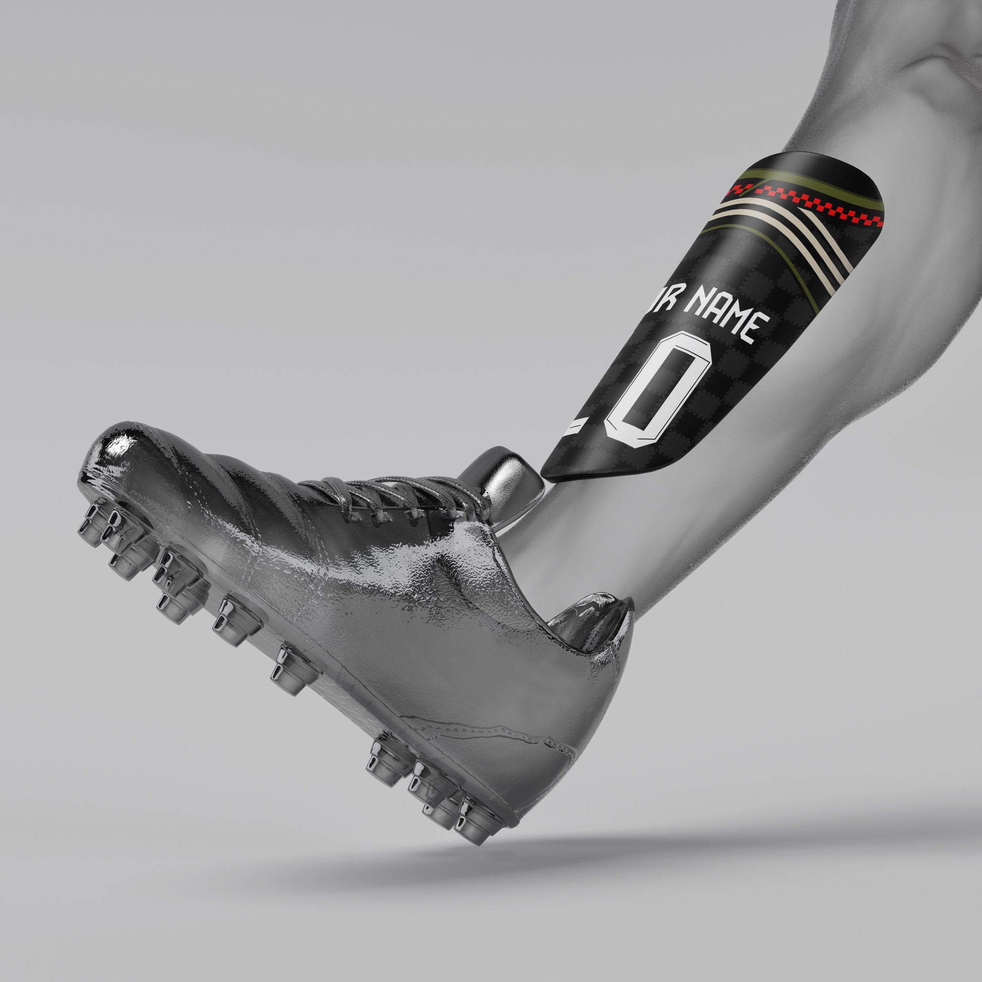 Soccer cleat with a shin guard on a gray background