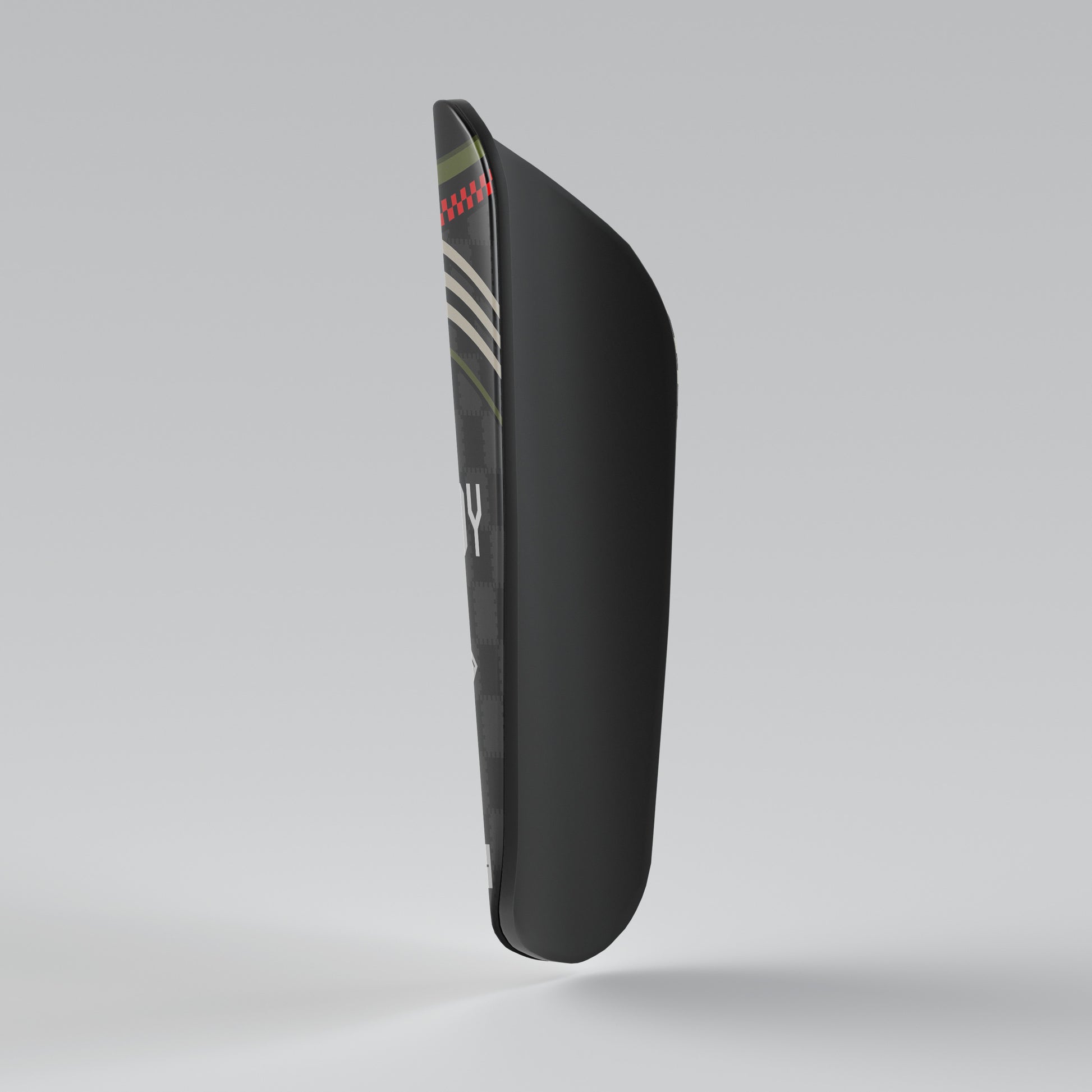 Black shin guard with brand logo on a gray background