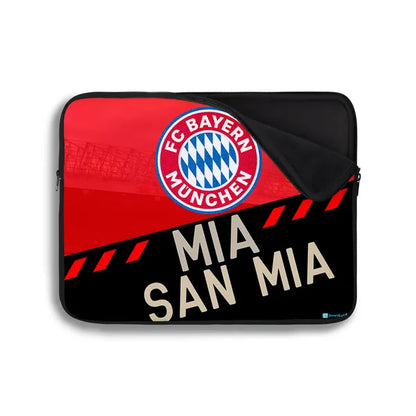 Laptop sleeve with FC Bayern Munich logo and 'MIA SAN MIA' text on a white background