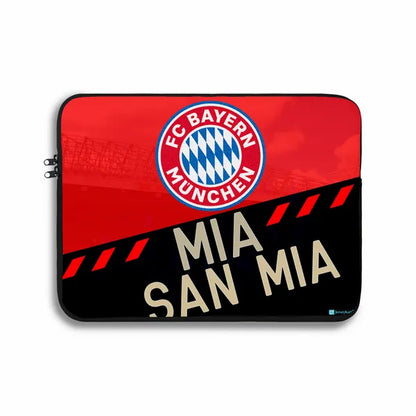 Laptop sleeve with FC Bayern Munich logo and 'MIA SAN MIA' text on a red and black background