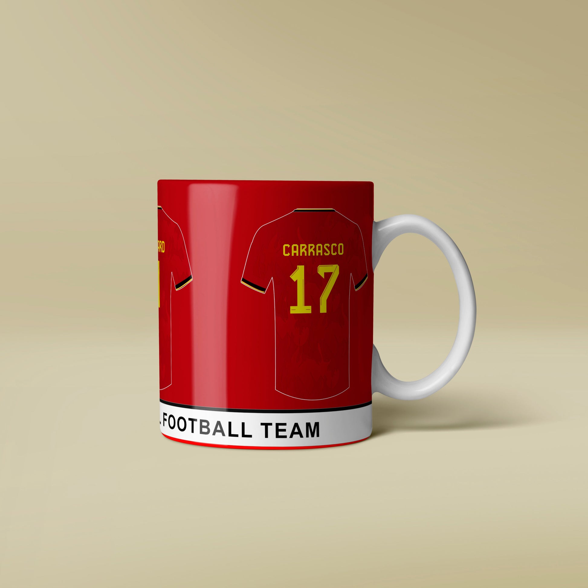 Red mug with football team design on a beige background