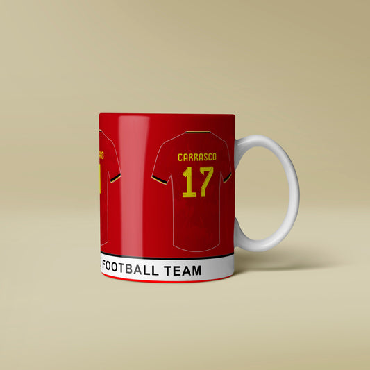 Red mug with football team design on a beige background