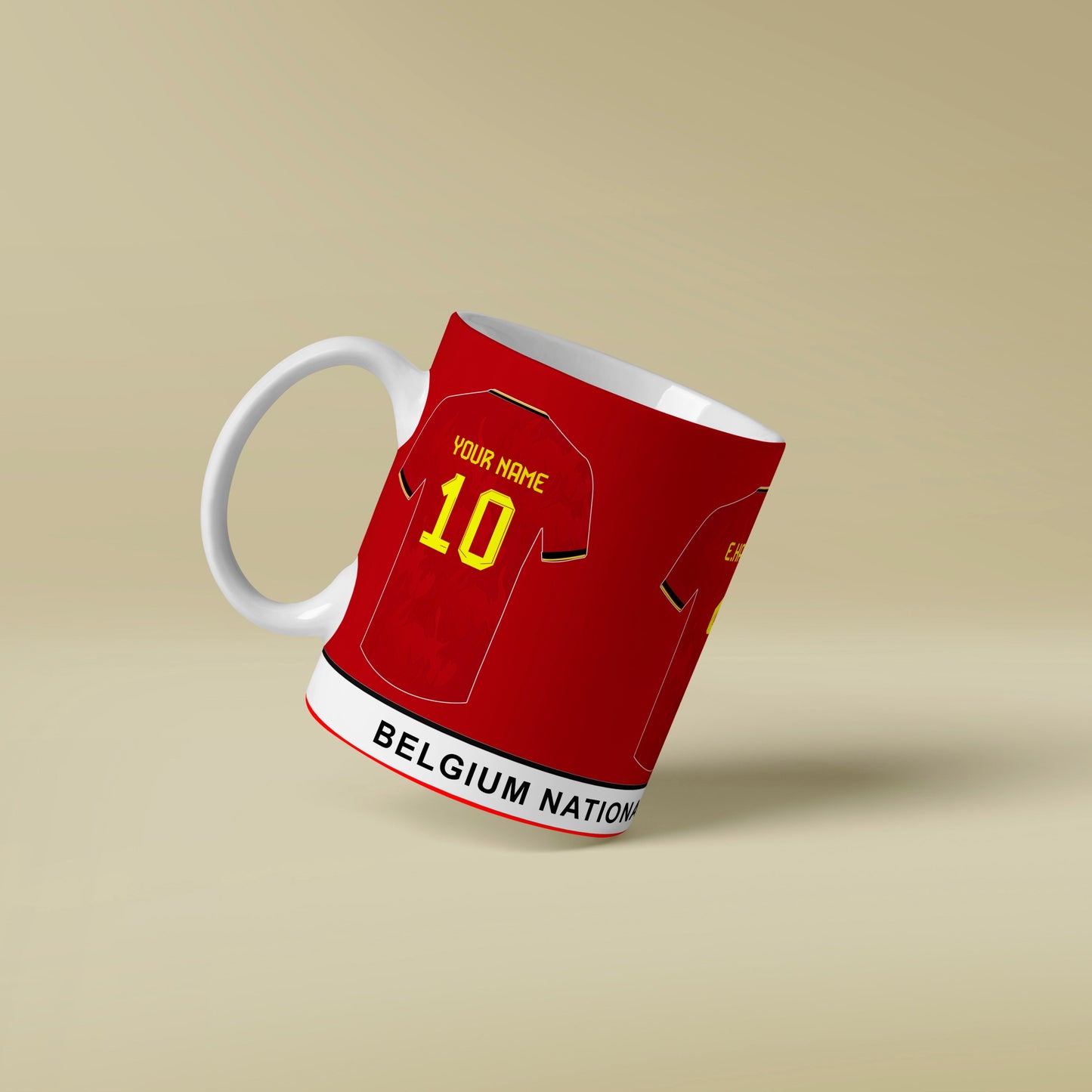 Red mug designed like a Belgium national team jersey on a beige background