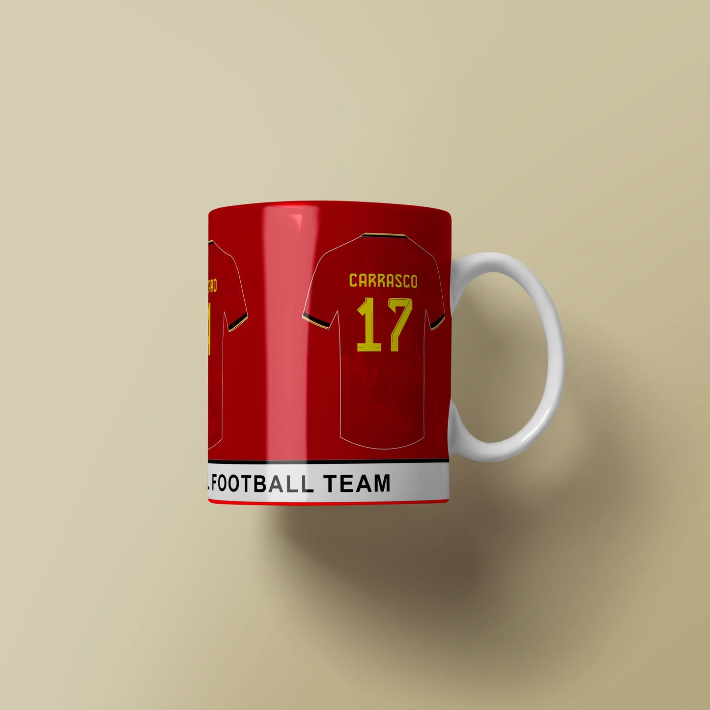 Red mug designed like a football jersey with number 17 on a beige background