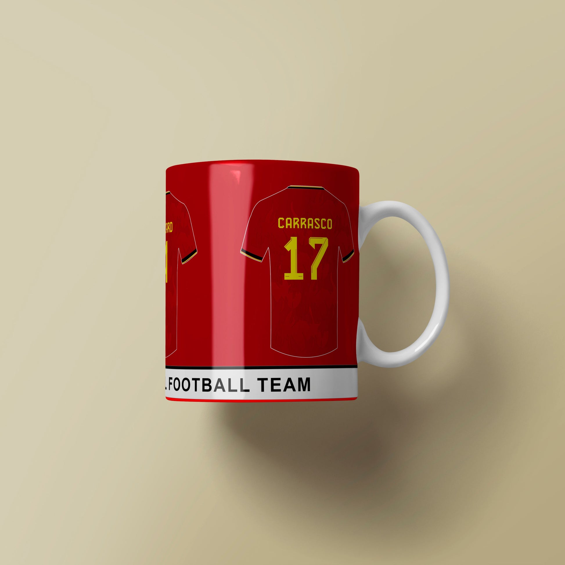 Red mug designed like a football jersey with number 17 on a beige background