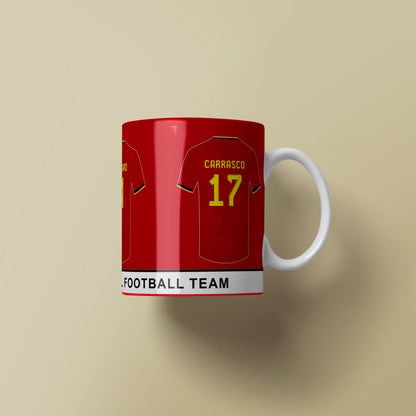 Red mug designed like a football jersey with number 17 on a beige background