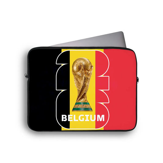 Laptop sleeve with World Cup trophy and Belgium flag design on a white background