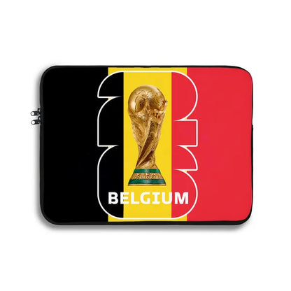 Laptop sleeve with Belgium's national flag and World Cup trophy design on a white background