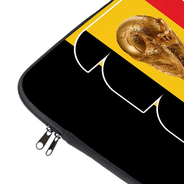 Laptop sleeve with gold helmet design on a black, yellow, and red background