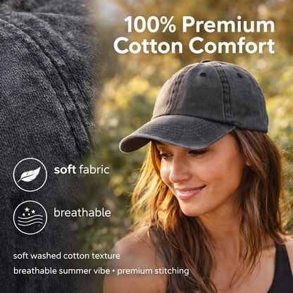 Woman wearing a gray cap with text about 100% premium cotton comfort and product features.