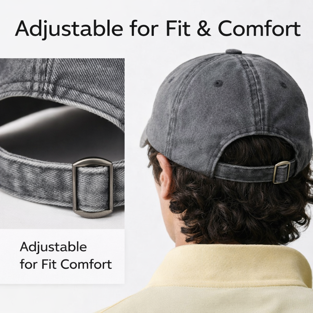 Gray cap with adjustable strap shown from front and back, highlighting fit and comfort.