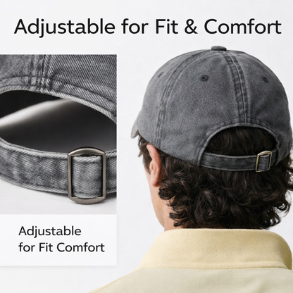 Gray cap with adjustable strap shown from front and back, highlighting fit and comfort.