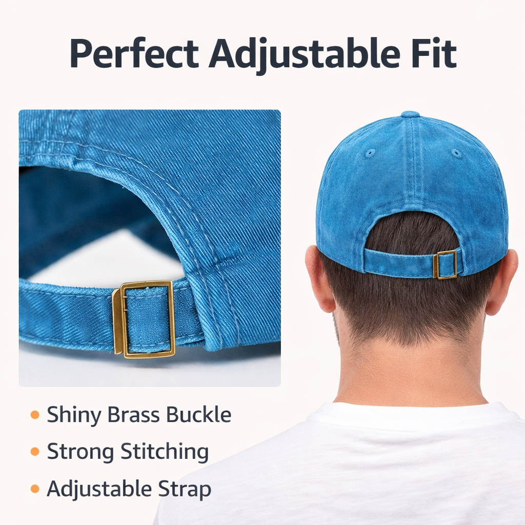 Blue cap with adjustable strap and brass buckle, shown from front and back views.