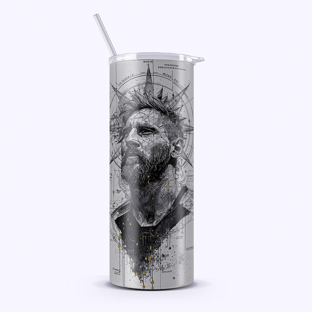 Tumbler with a black and white graphic design of a man's face on a white background