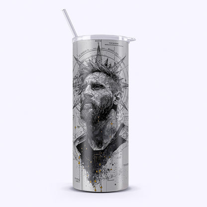 Tumbler with a black and white graphic design of a man's face on a white background