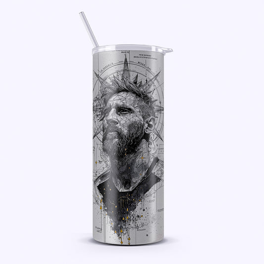 Tumbler with a black and white graphic design of a man's face on a white background