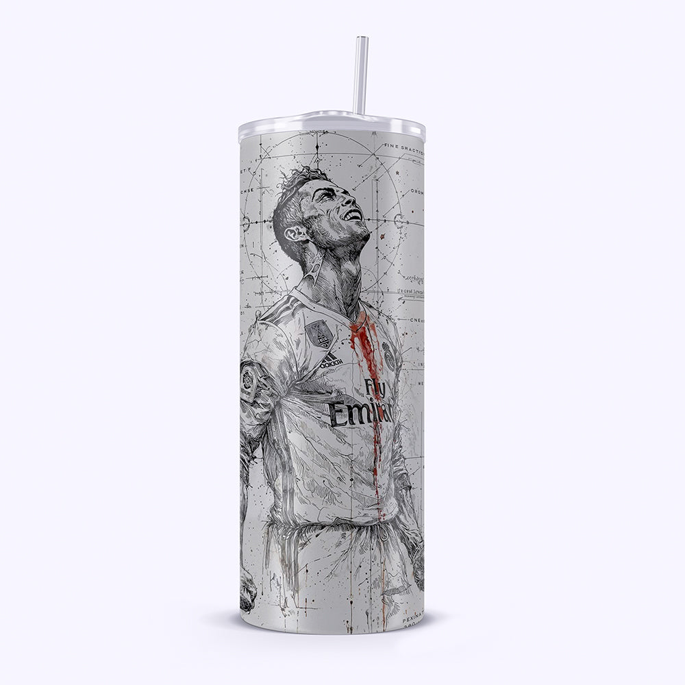 Tumbler with a graphic design of a soccer player on a white background
