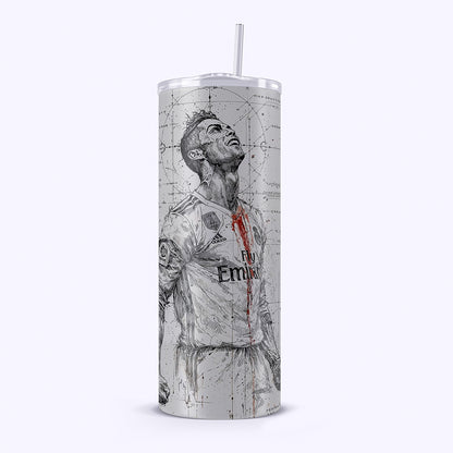 Tumbler with a graphic design of a soccer player on a white background
