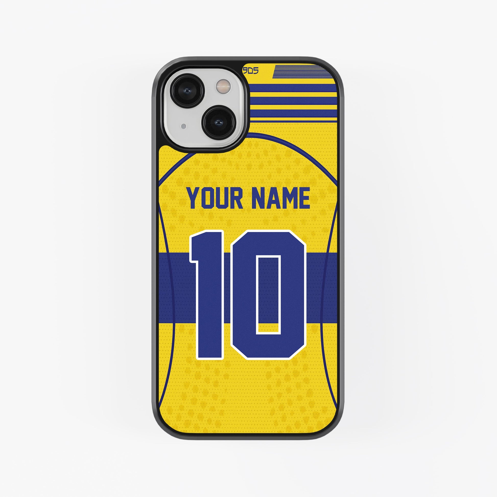 Phone case with yellow and blue design, customizable text, on a white background