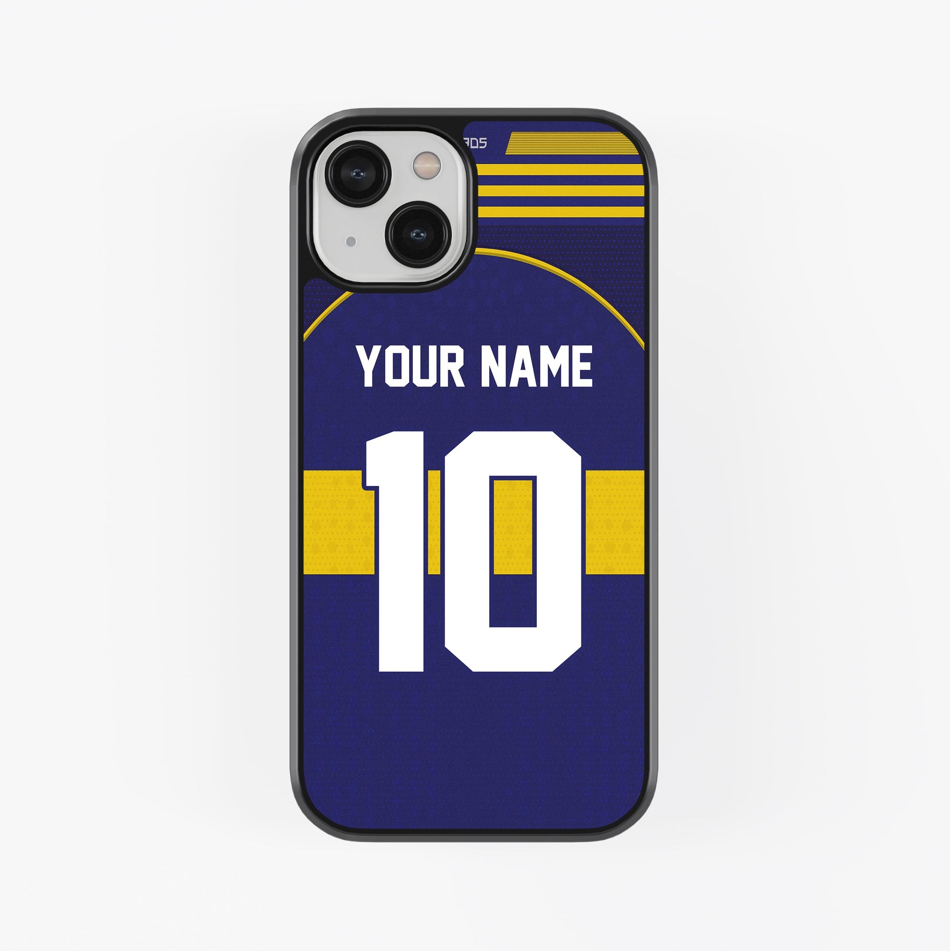 Phone case with customizable name and number on a white background