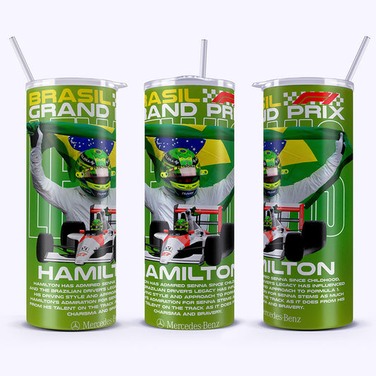 Three green tumblers with Formula 1-themed designs and 'Hamilton' branding.