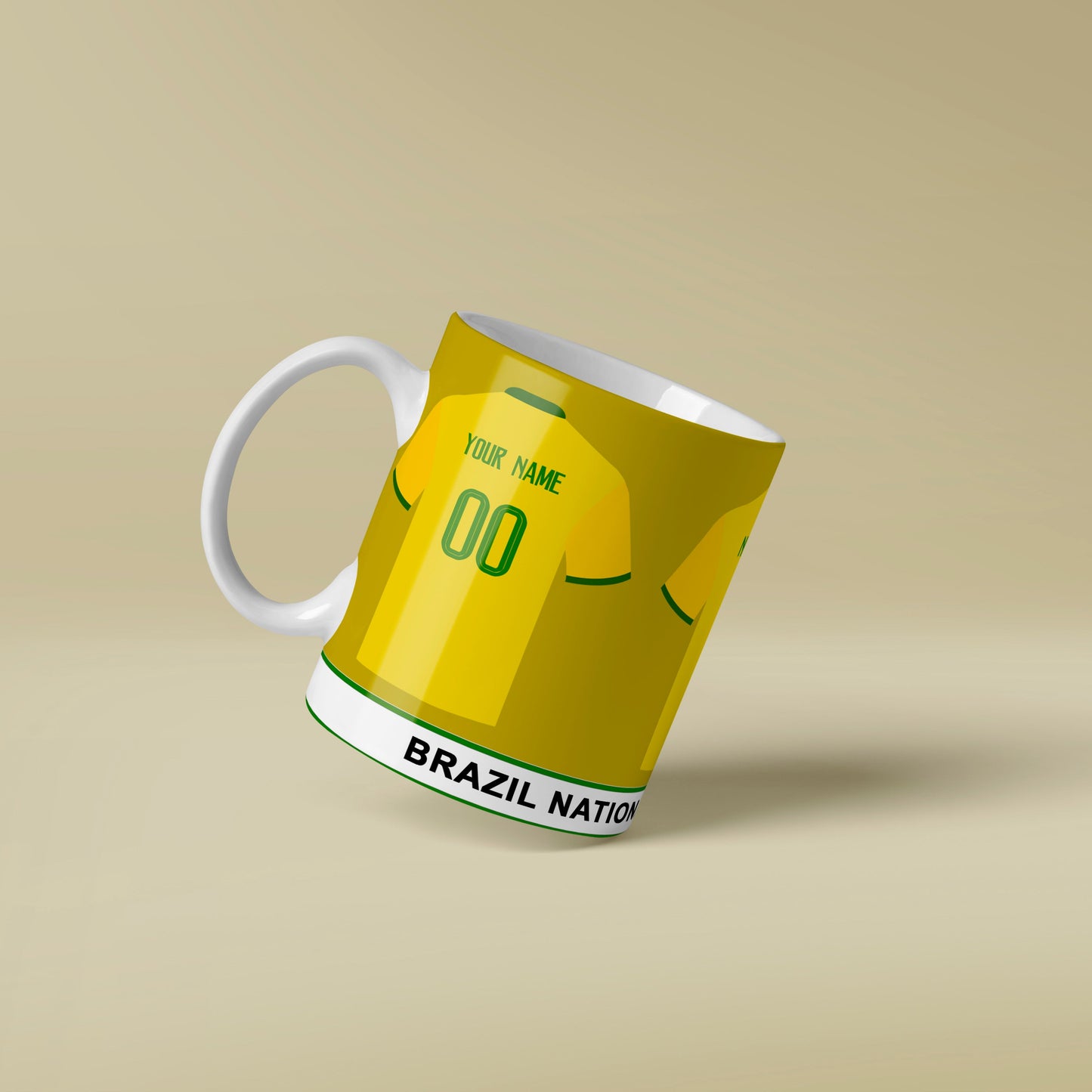 Mug designed like a Brazil national team jersey on a beige background