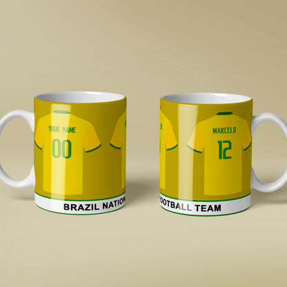 Two mugs with soccer jersey designs on a beige background