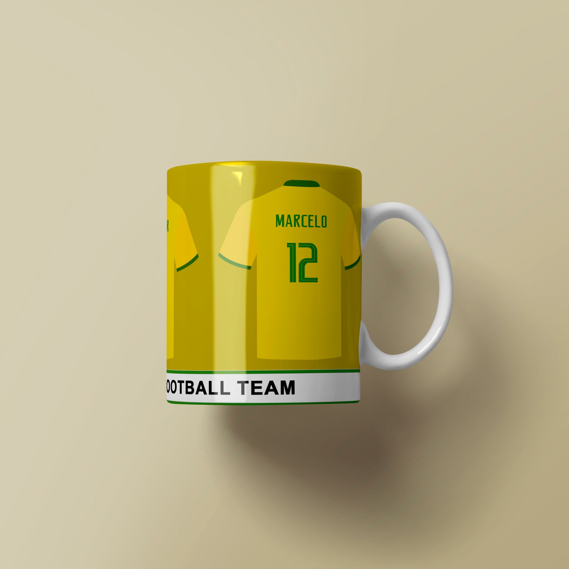 Mug with football-themed design on a beige background