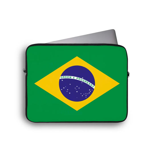 Laptop sleeve with Brazilian flag design on a white background