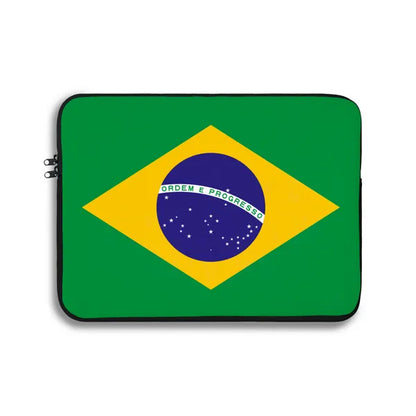 Laptop sleeve with Brazilian flag design on a white background