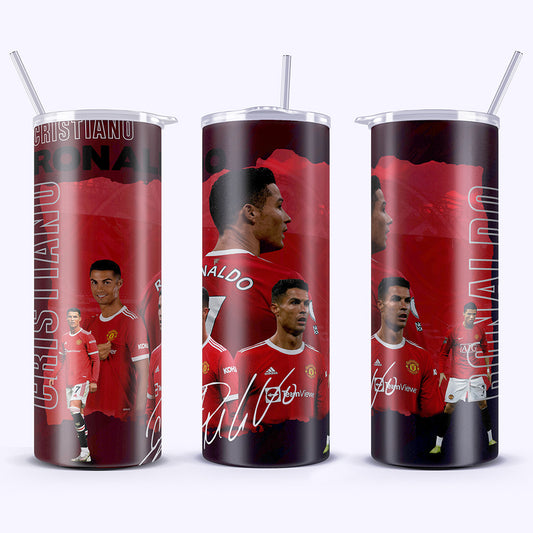 Three cylindrical tumbler with a soccer player design on a white background