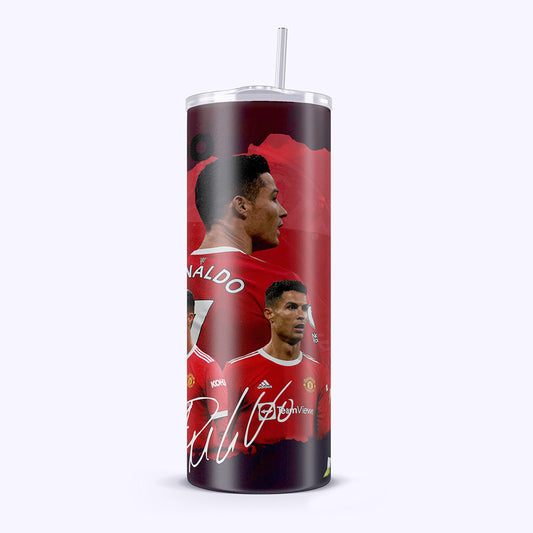 Tumbler with soccer player design on a white background