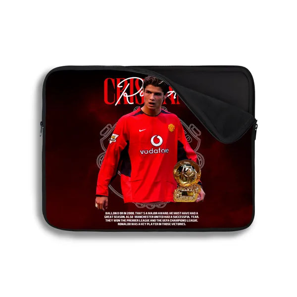 Laptop sleeve with a soccer player in a red jersey and a trophy on a dark background