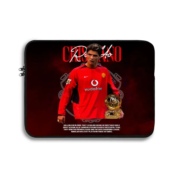 Laptop sleeve with a soccer player in a red jersey holding a trophy on a dark background