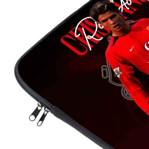 Laptop sleeve with a person in a red sports jersey on a black background