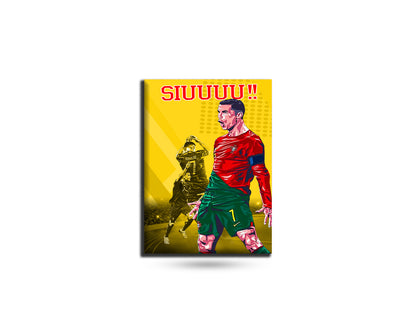 Soccer player in red and green uniform with 'SIUUUU!!' text on yellow background