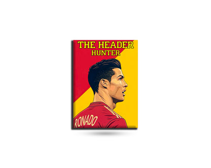 Fridge magnet with a profile of a person wearing a red jersey and text 'The Header Hunter' on a yellow and red background.