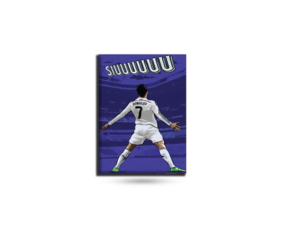 Soccer player in a white uniform with the number 7 on a blue background, featuring the text 'SIUUUUU'.
