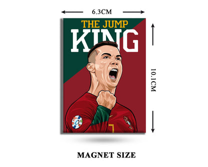Magnet with a graphic of a soccer player and text 'The Jump King' with dimensions indicated.