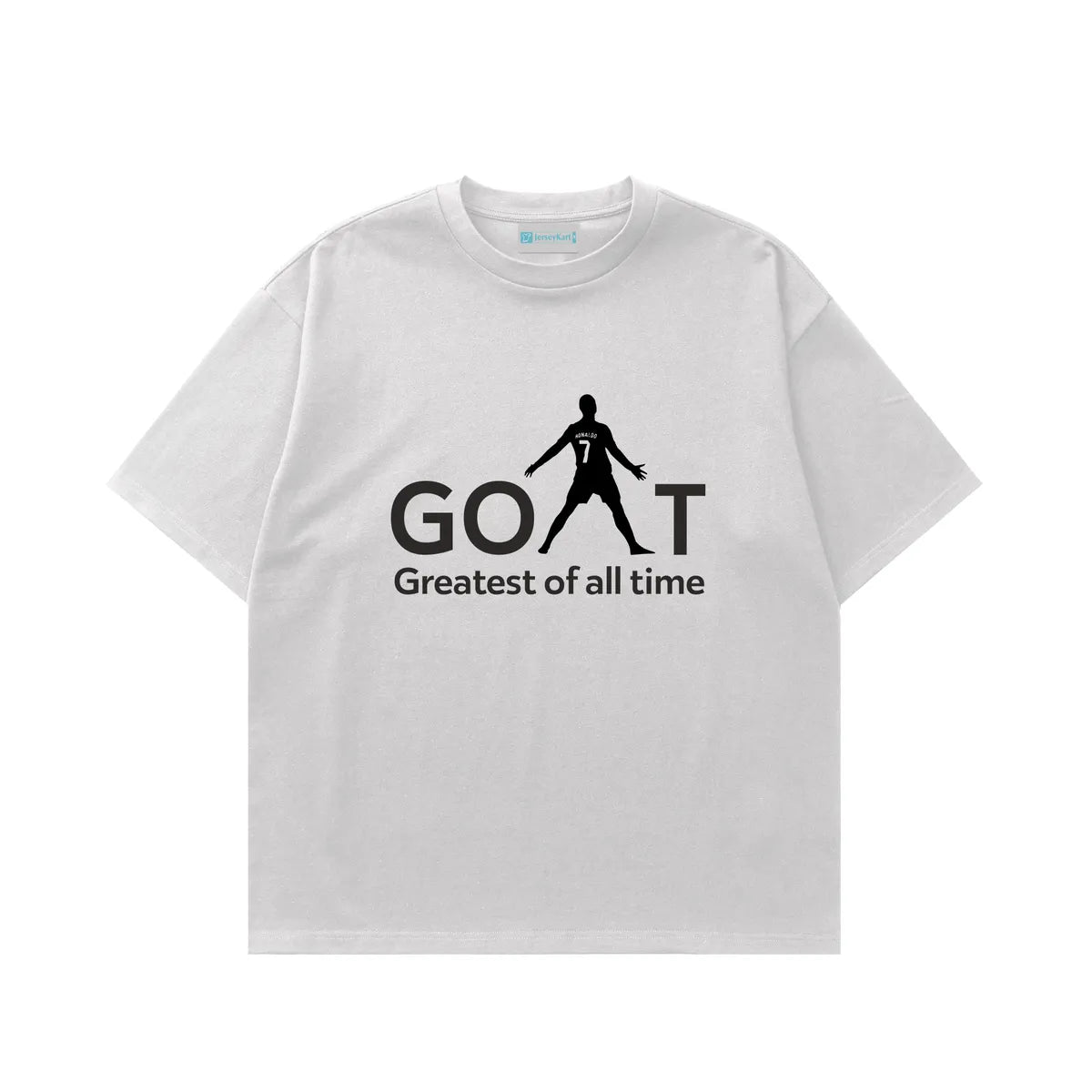 White t-shirt with 'GOAT Greatest of all time' text and silhouette design on a white background