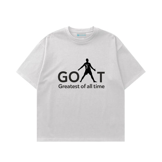 White t-shirt with 'GOAT Greatest of all time' text and silhouette design on a white background