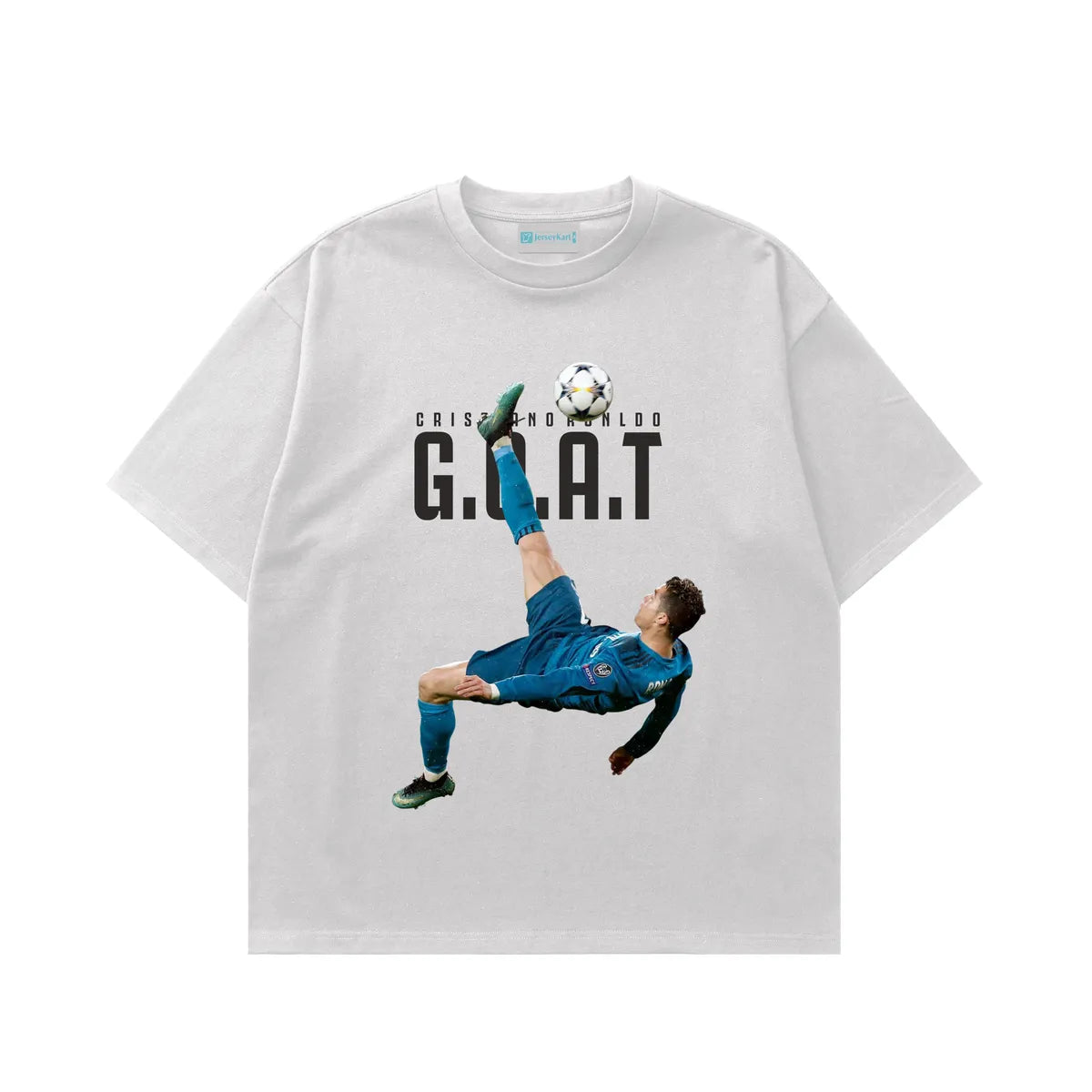 White t-shirt with soccer player graphic and 'G.O.A.T.' text on a white background