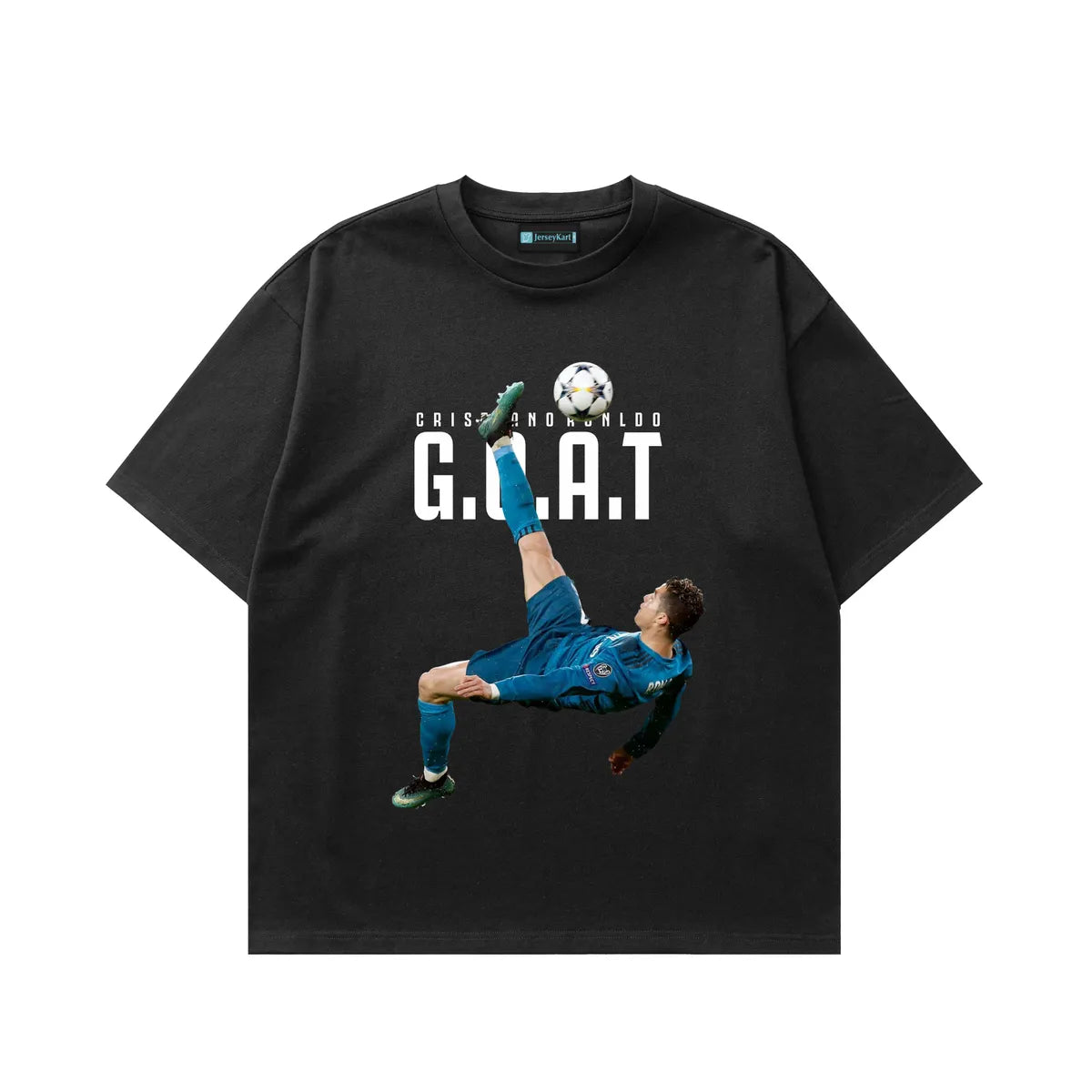 Black t-shirt with a graphic of a soccer player and 'G.O.A.T.' text on a white background