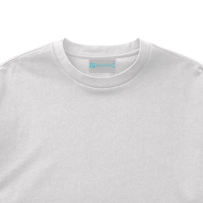 White t-shirt with a brand label on a white background
