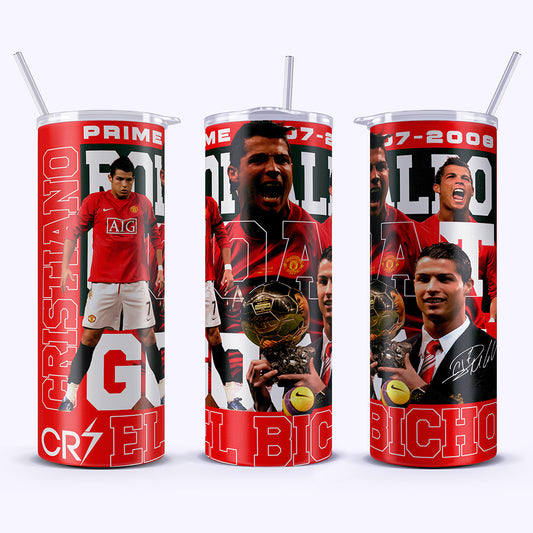 Three red tumblers with soccer-themed designs featuring a famous player, each with unique poses and text.