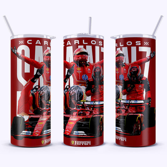 Three red tumblers with a Formula 1 driver and car design on a white background