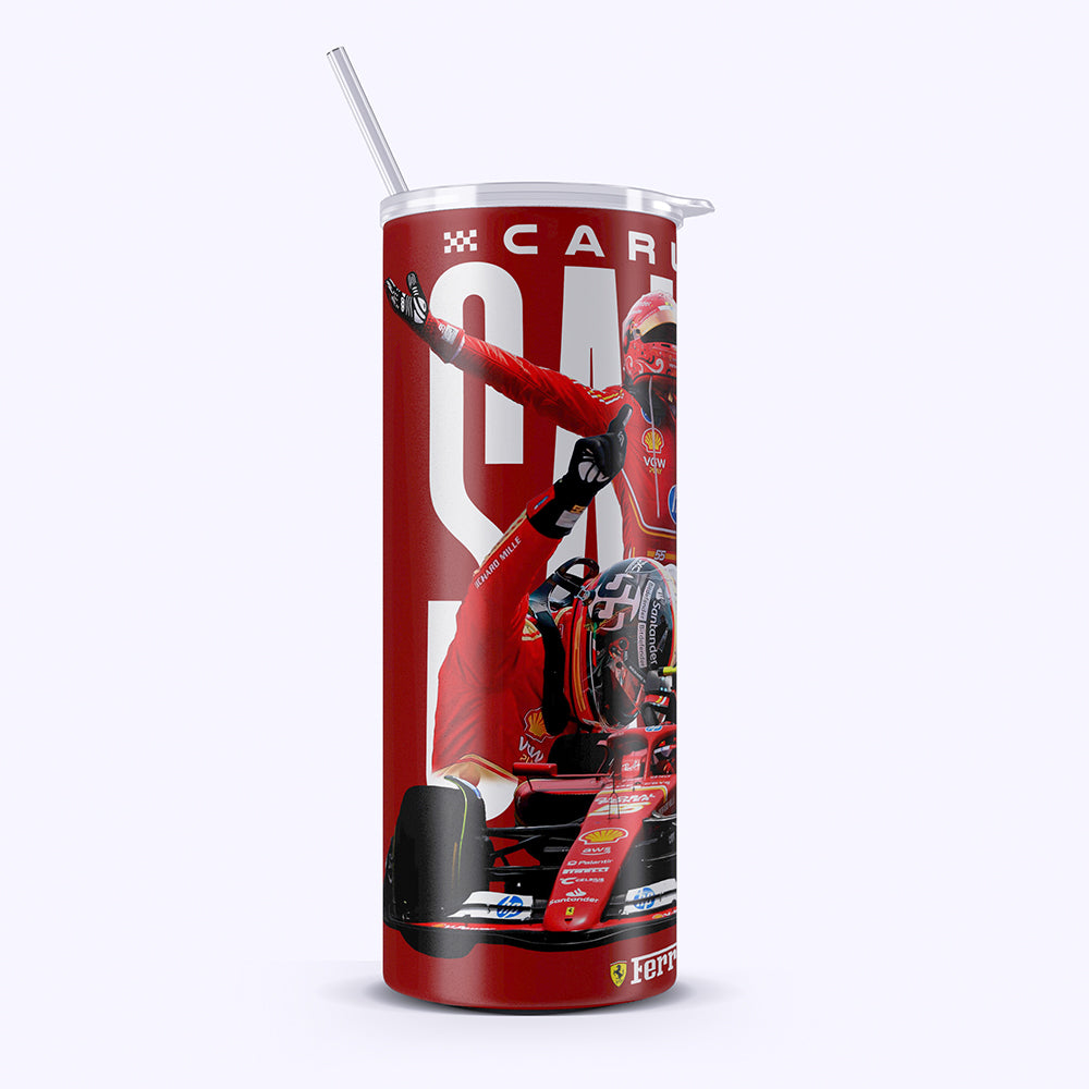 Tumbler with a Formula 1 driver and car design on a white background