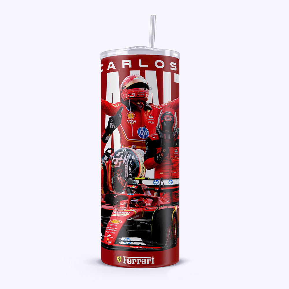 Tumbler with a Formula 1 driver and car design on a white background