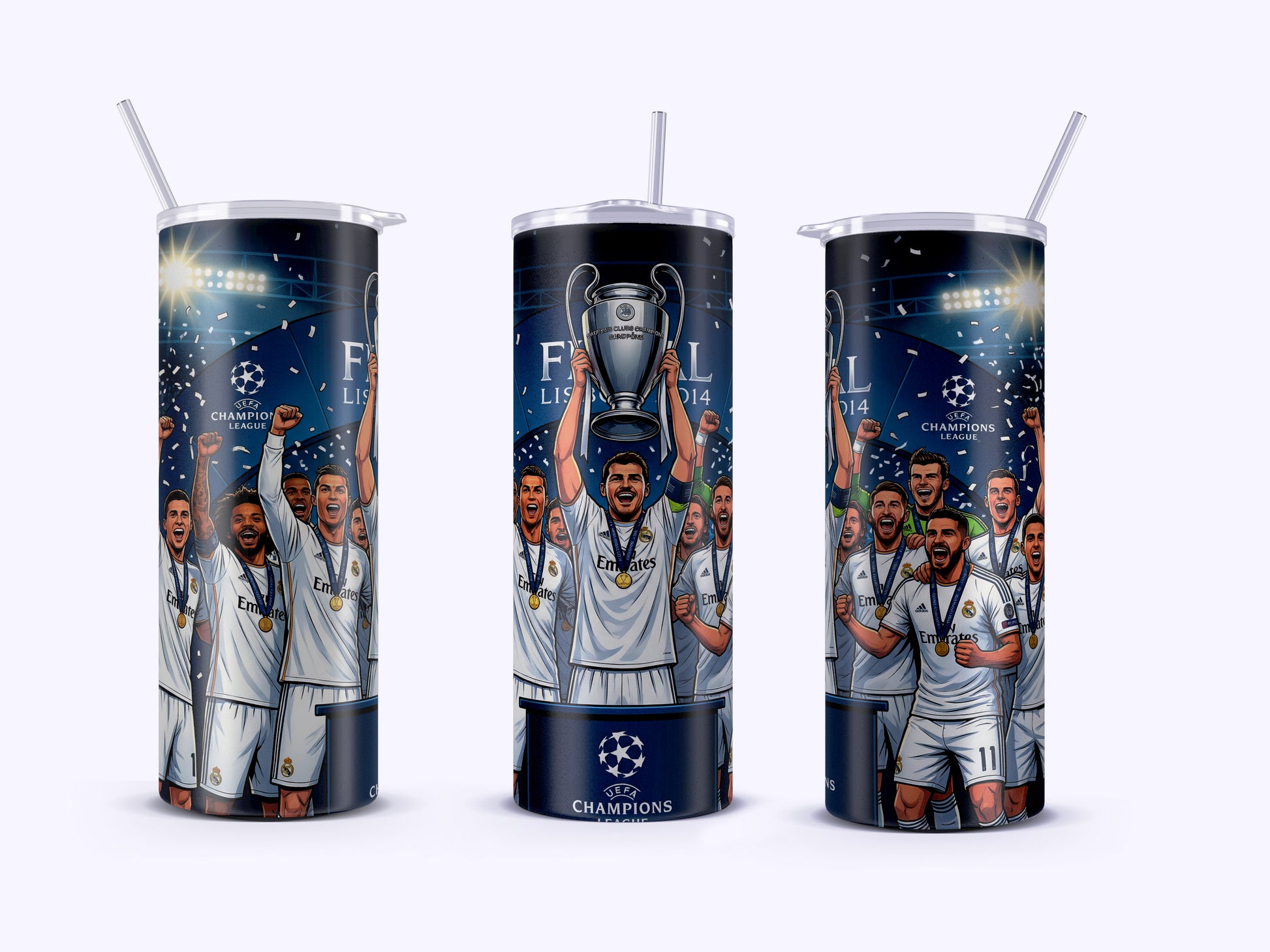 Three tumblers with sports team design and trophy on a white background