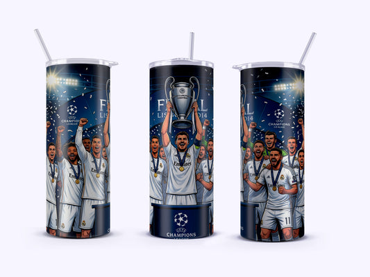 Three tumblers with sports team design and trophy on a white background